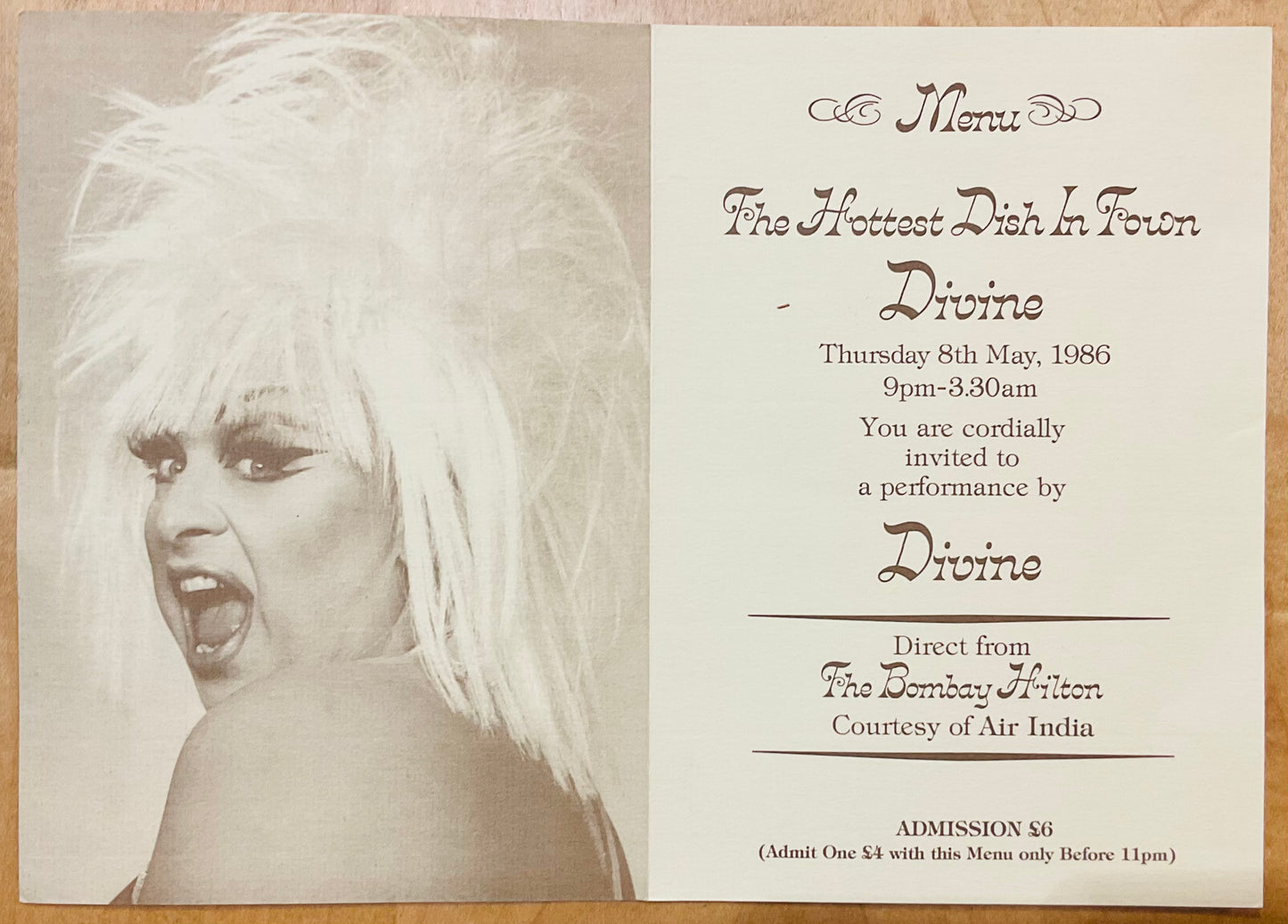 Divine Original Concert Ticket Menu Hippodome London 8th May 1986