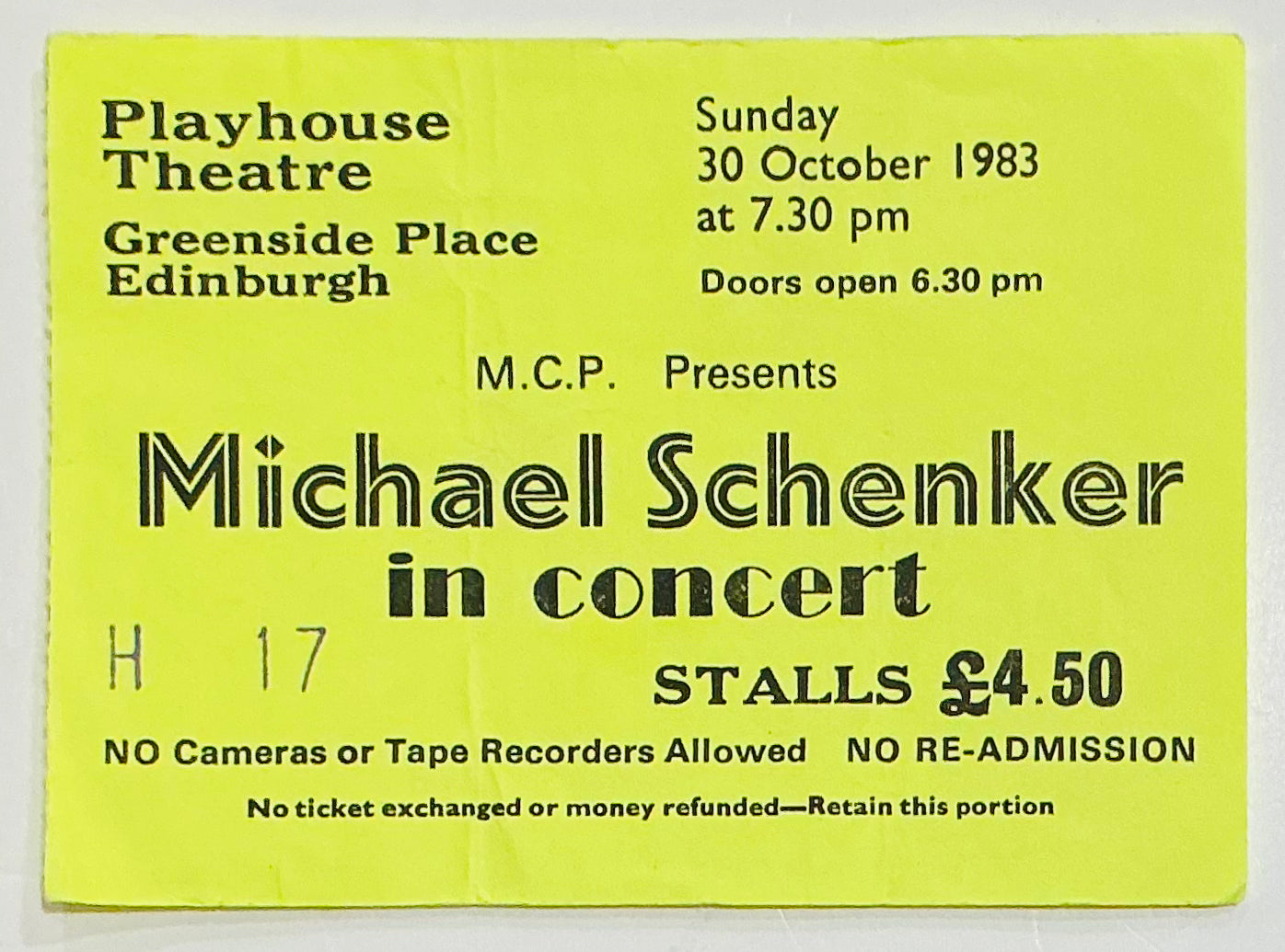 Michael Schenker Group Original Used Concert Ticket Playhouse Theatre Edinburgh 30th Oct 1983