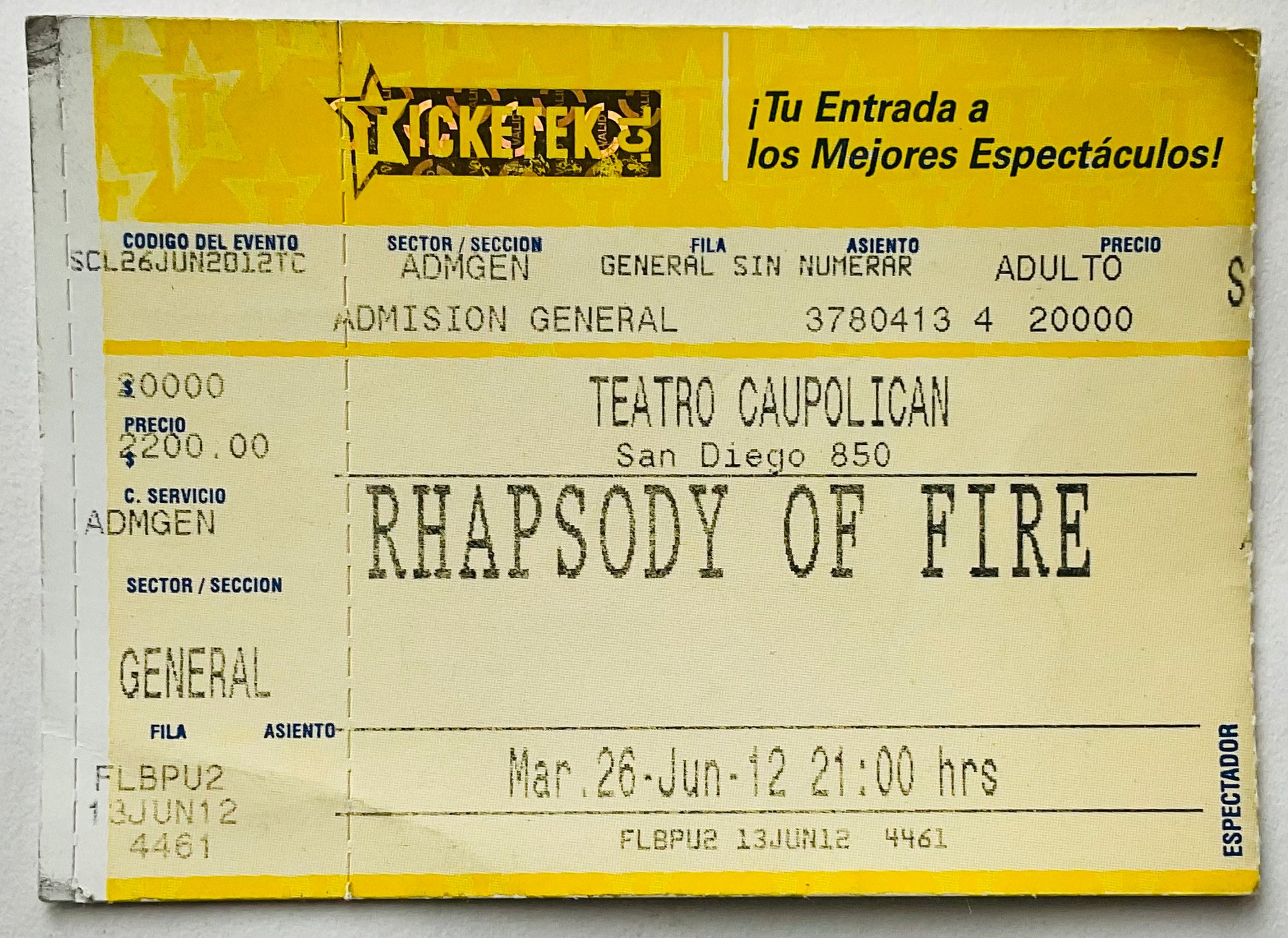 Rhapsody of Fire Original Used Concert Ticket Teatro Caupolican San Diego 26th Jun 2012