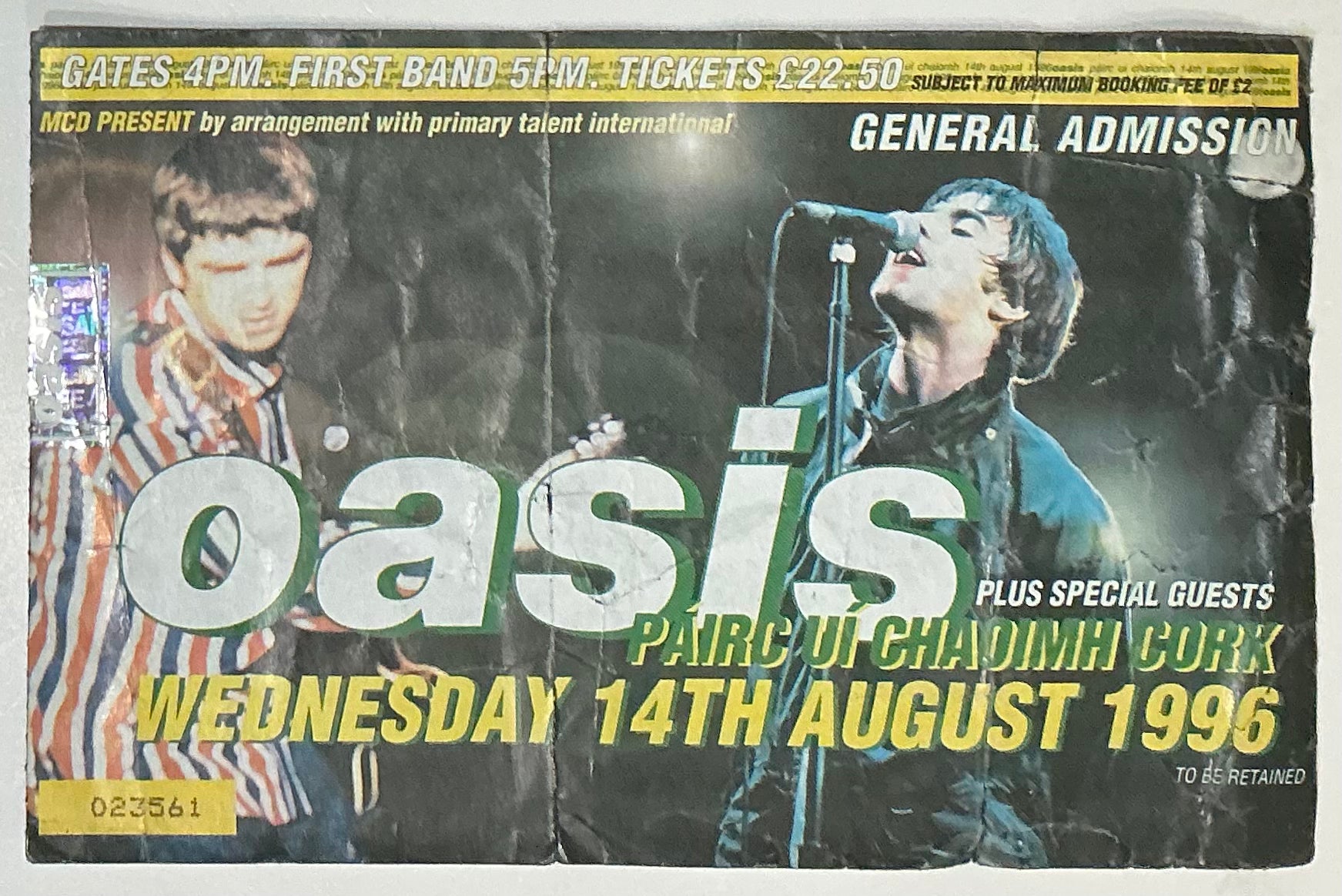 Oasis Original Used Concert Ticket Pairc Ui Chaoimh Cork 14th Aug 1996