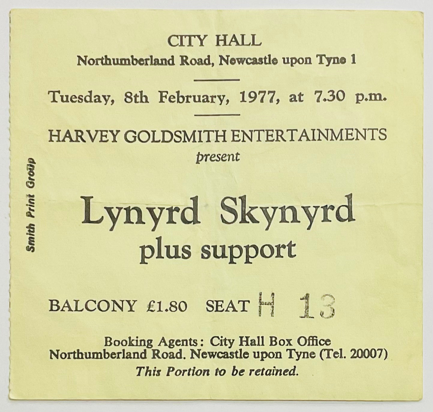 Lynyrd Skynyrd Original Used Concert Ticket City Hall Newcastle 8th Feb 1977