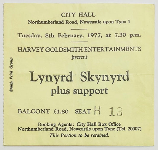 Lynyrd Skynyrd Original Used Concert Ticket City Hall Newcastle 8th Feb 1977