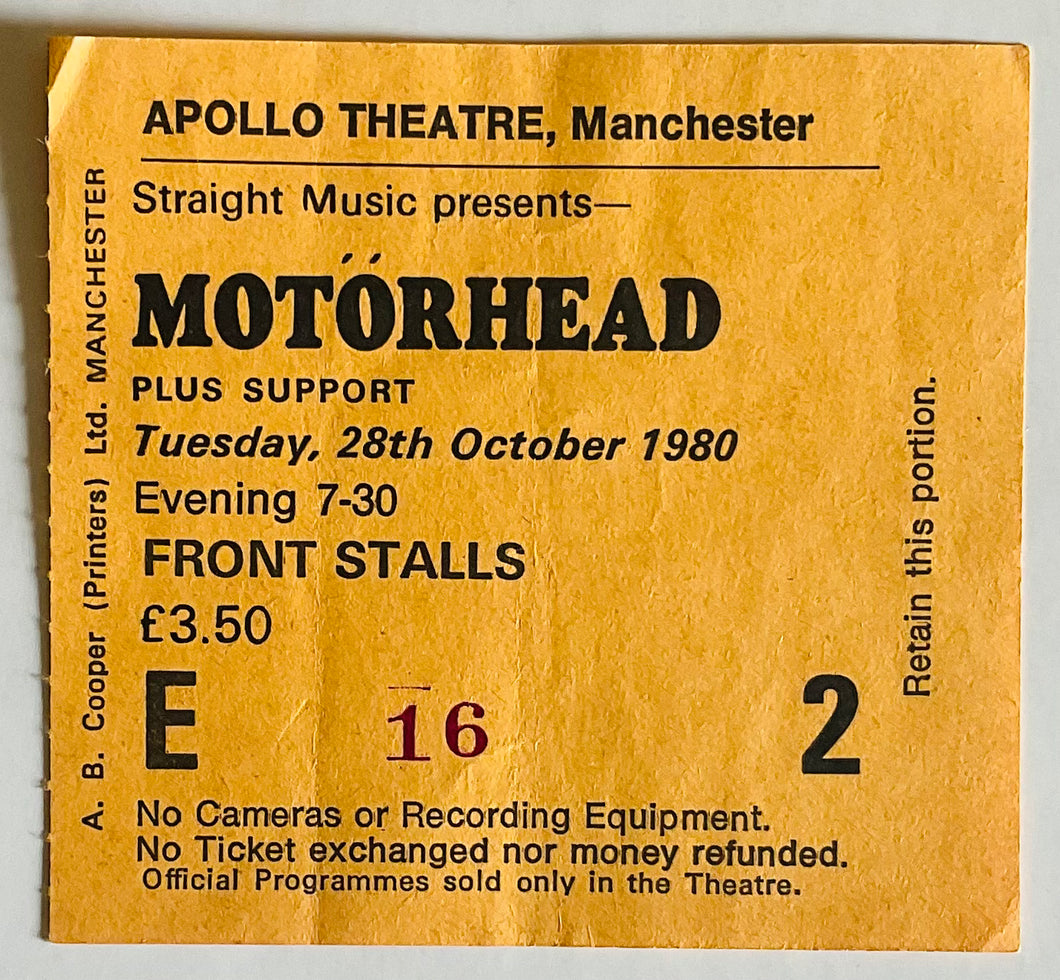 Motorhead Original Used Concert Ticket Apollo Theatre Manchester 28th Oct 1980
