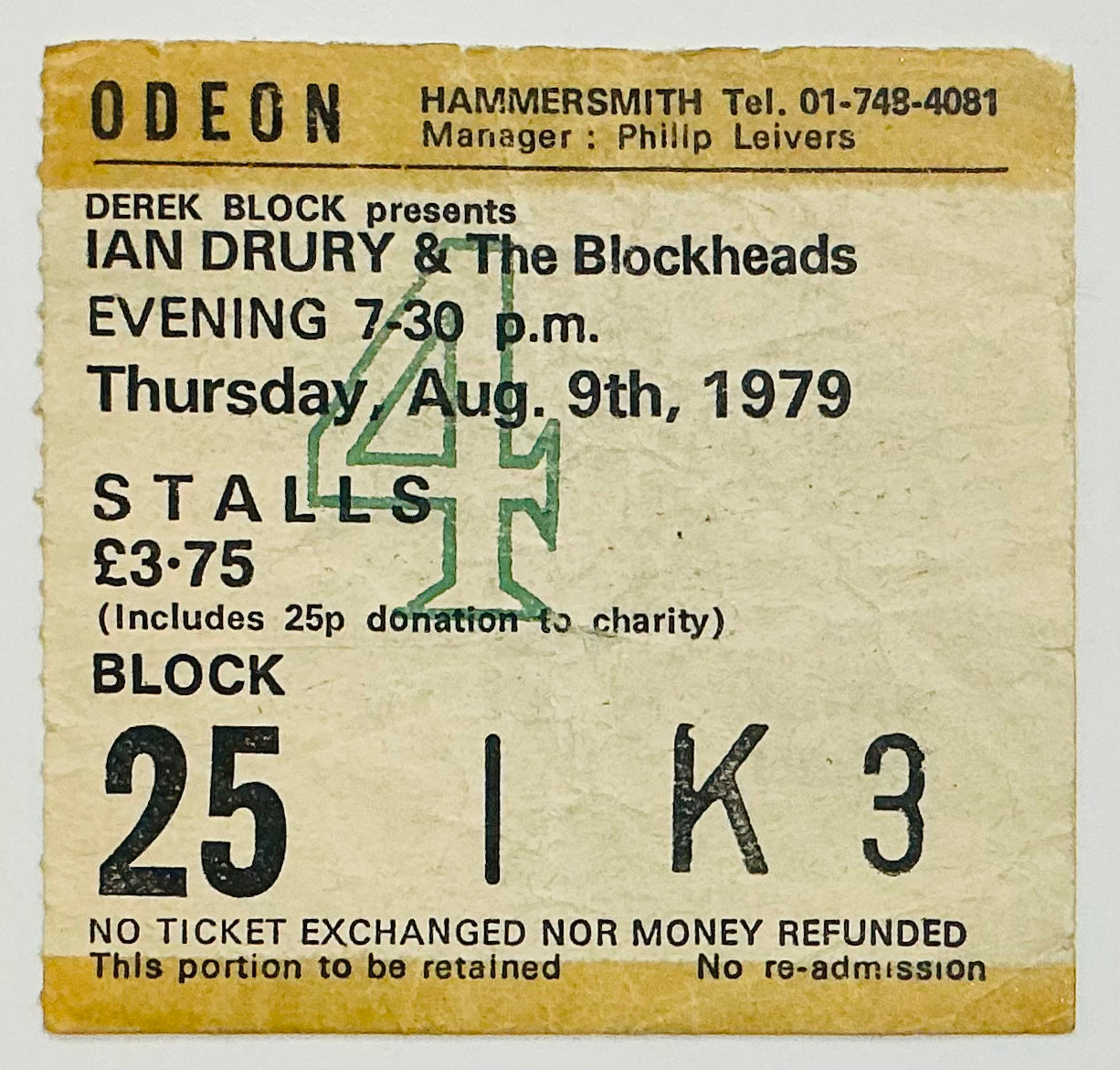 Ian Dury & the Blockheads Original Concert Ticket Hammersmith Odeon London 9th Aug 1979