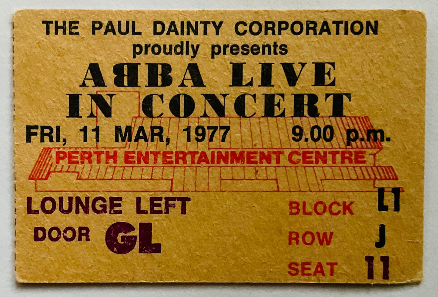 ABBA Original Used Concert Ticket Perth International Centre 11th Mar 1977