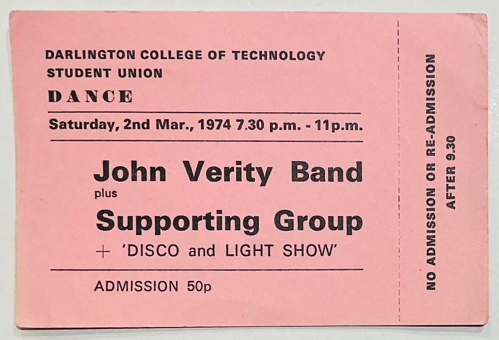 John Verity Band Original Unused Concert Ticket College of Technology Darlington 2nd Mar 1974