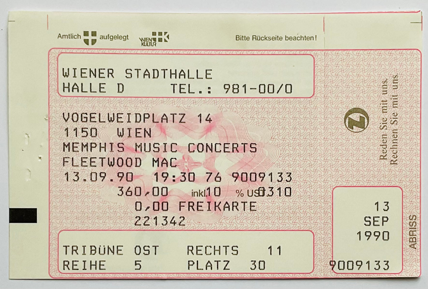 Fleetwood Mac Original Unused Concert Ticket Stadthalle Vienna 13th Sep 1990