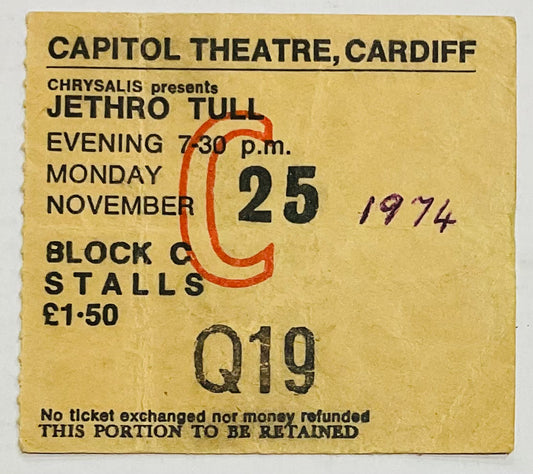 Jethro Tull Original Used Concert Ticket Capitol Theatre Cardiff 25th Nov 1974