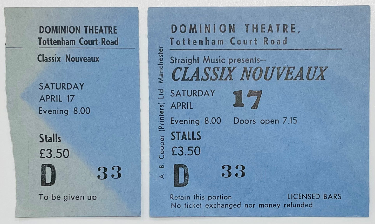 Classix Nouveaux Original Unused Concert Ticket Dominion Theatre London 17th Apr 1982