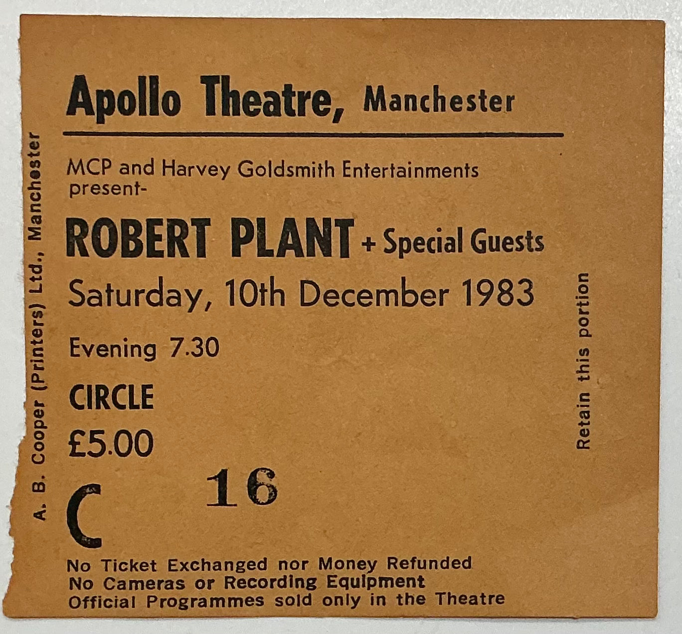 Led Zeppelin Robert Plant Original Used Concert Ticket Apollo Theatre Manchester 10th Dec 1983