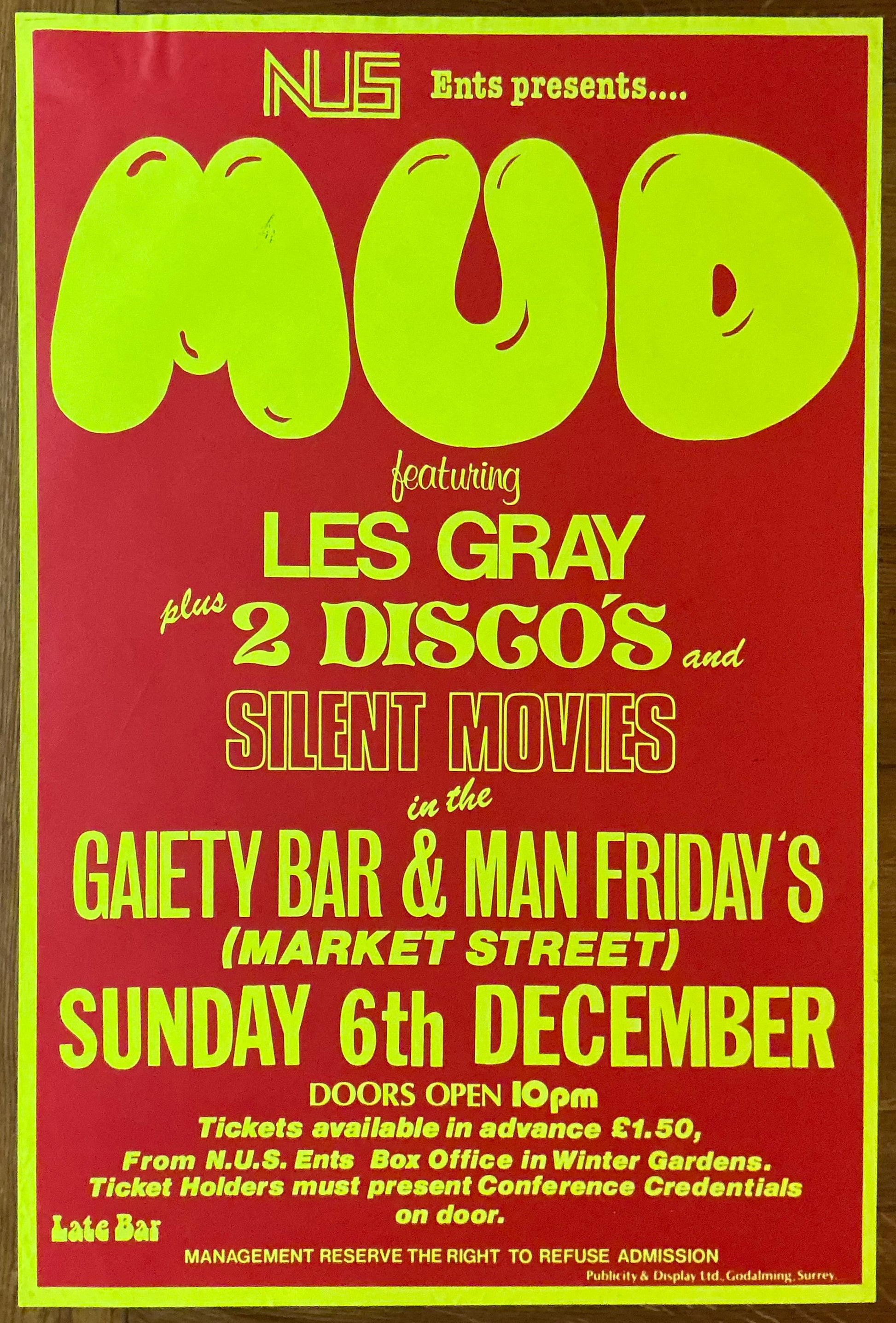 Mud Les Gray Original Promo Concert Tour Poster Gaiety Bar & Man Fridays Blackpool 6th Dec 1981