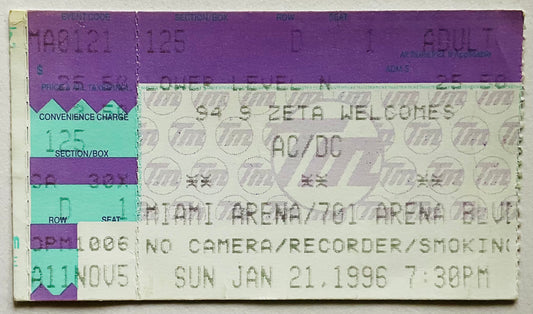 AC/DC Original Used Concert Ticket Miami Arena 21st Jan 1996