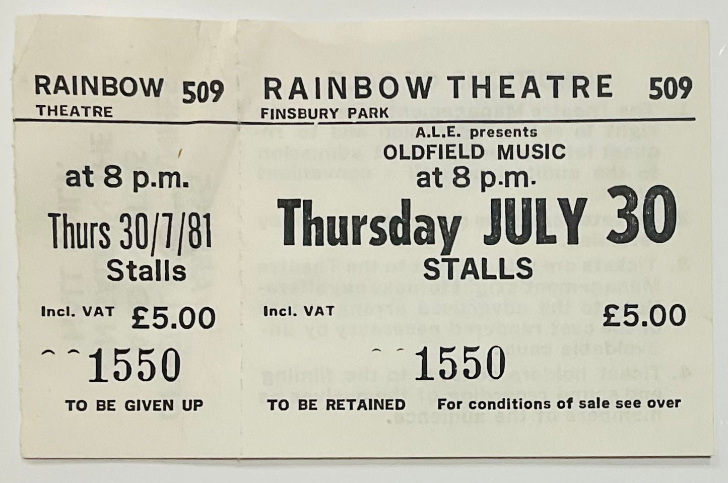 Mike Oldfield Original Unused Concert Ticket  Rainbow Theatre London 30th Jul 1981