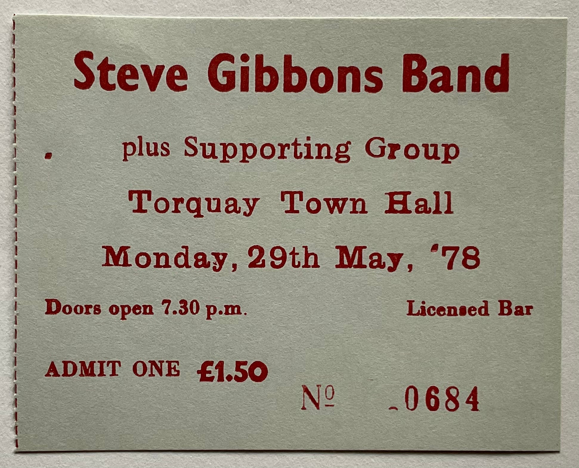 Steve Gibbons Band Original Used Concert Ticket Town Hall Torquay 29th May 1978