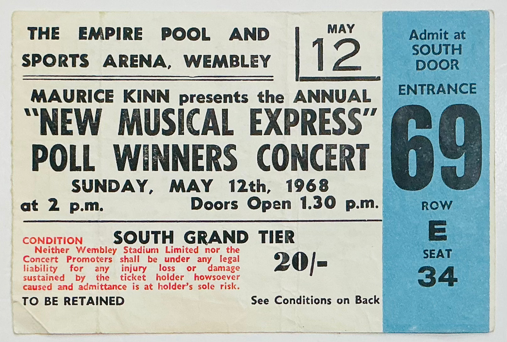 Rolling Stones Original Used Concert Ticket Empire Pool, Wembley 12th May 1968