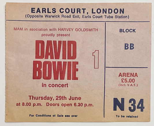 David Bowie Original Used Concert Ticket Earls Court London 29th Jun 1978