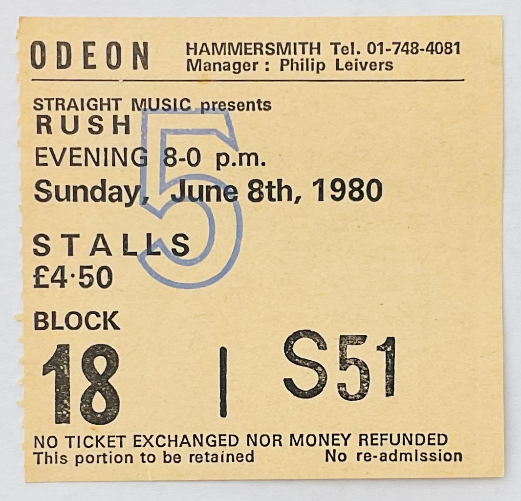 Rush Original Used Concert Ticket Hammersmith Odeon London 8th June 1980