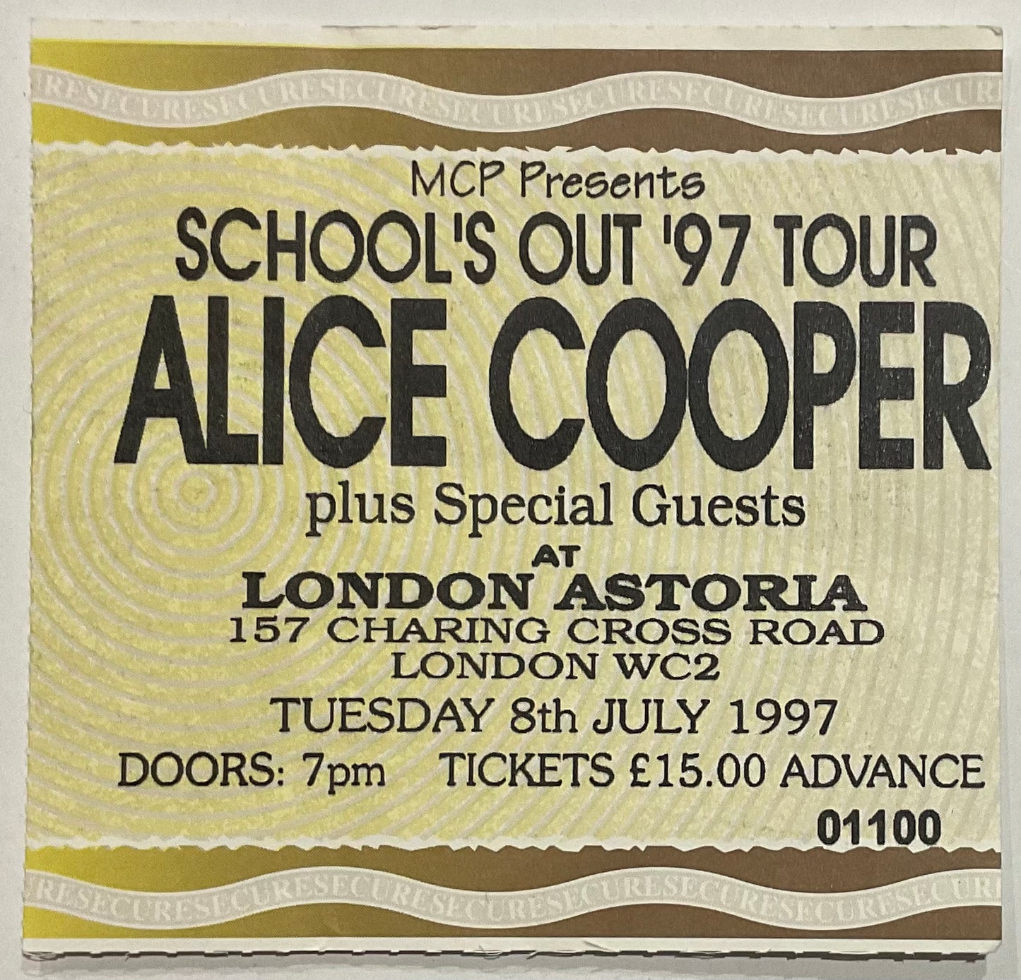 Alice Cooper Original Used Concert Ticket London Astoria 8th Jul 1997