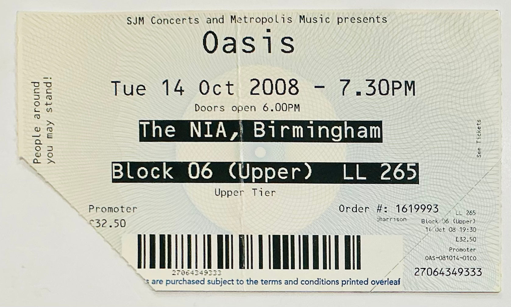 Oasis Original Used Concert Ticket NIA Birmingham 14th Oct 2008