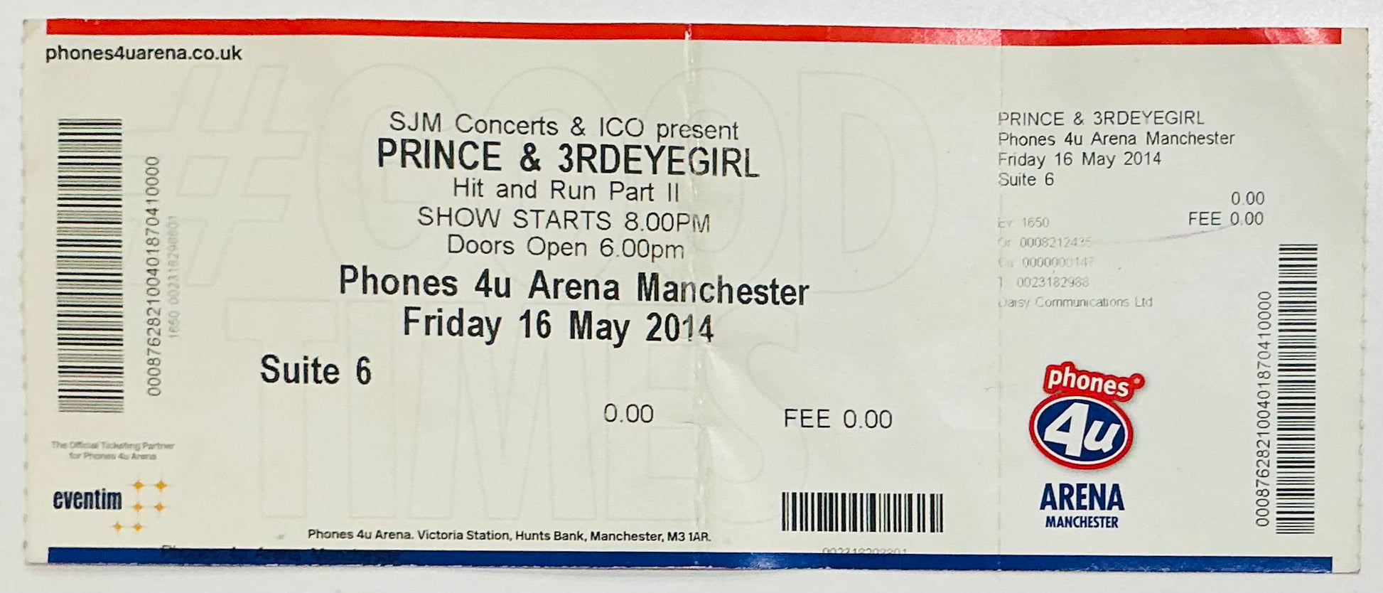 Prince Original Used Concert Ticket Manchester Arena 16th May 2014