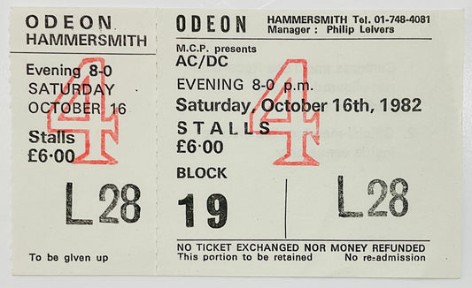 AC/DC Original Unused Concert Ticket Hammersmith Odeon London 16th Oct 1982