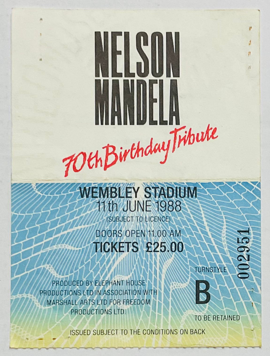 George Michael Simple Minds Original Concert Ticket Nelson Mandela Tribute Wembley Stadium 11th Jun 1988