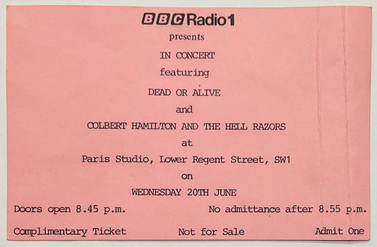 Dead Or Alive Original Used Concert Ticket BBC Radio 1 Paris Studio London 20th Jun 1984