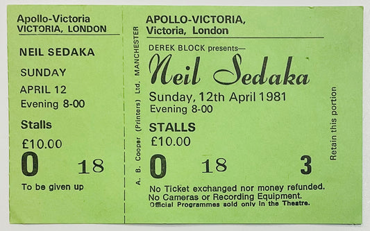 Neil Sedaka Original Unused Concert Ticket Apollo Victoria Theatre Theatre London 12th Apr 1981