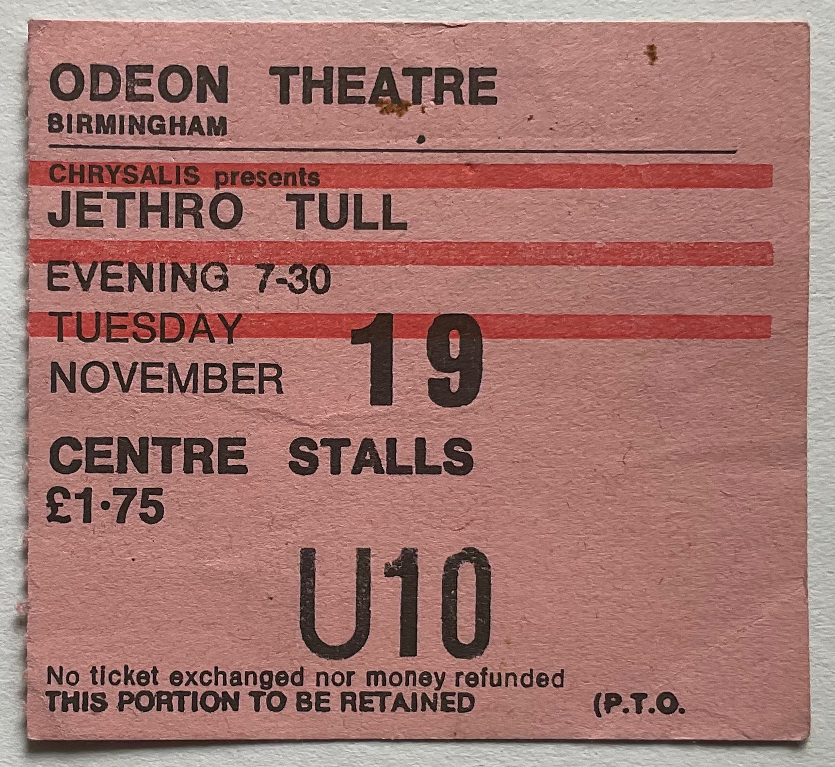 Jethro Tull Original Used Concert Ticket Odeon Theatre Birmingham 19th Nov 1974