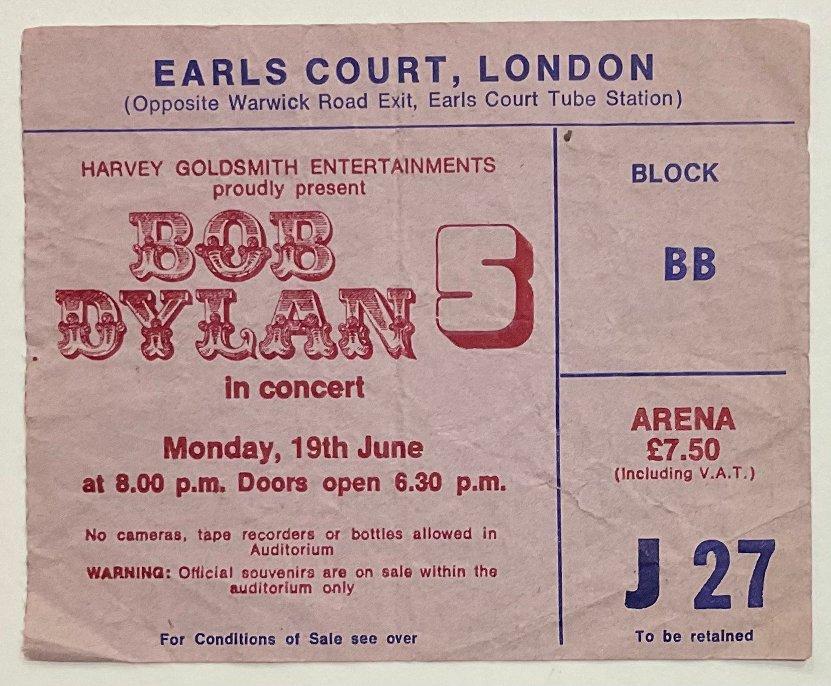 Bob Dylan Original Used Concert Ticket Earls Court London 19th June 1978