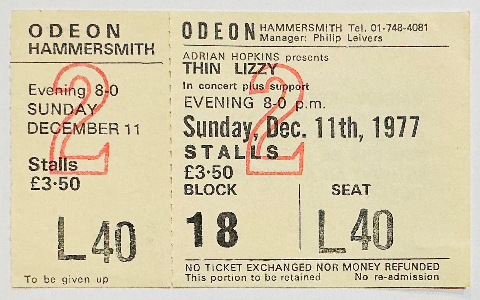 Thin Lizzy Original Unused Concert Ticket Hammersmith Odeon London 11th Dec 1977