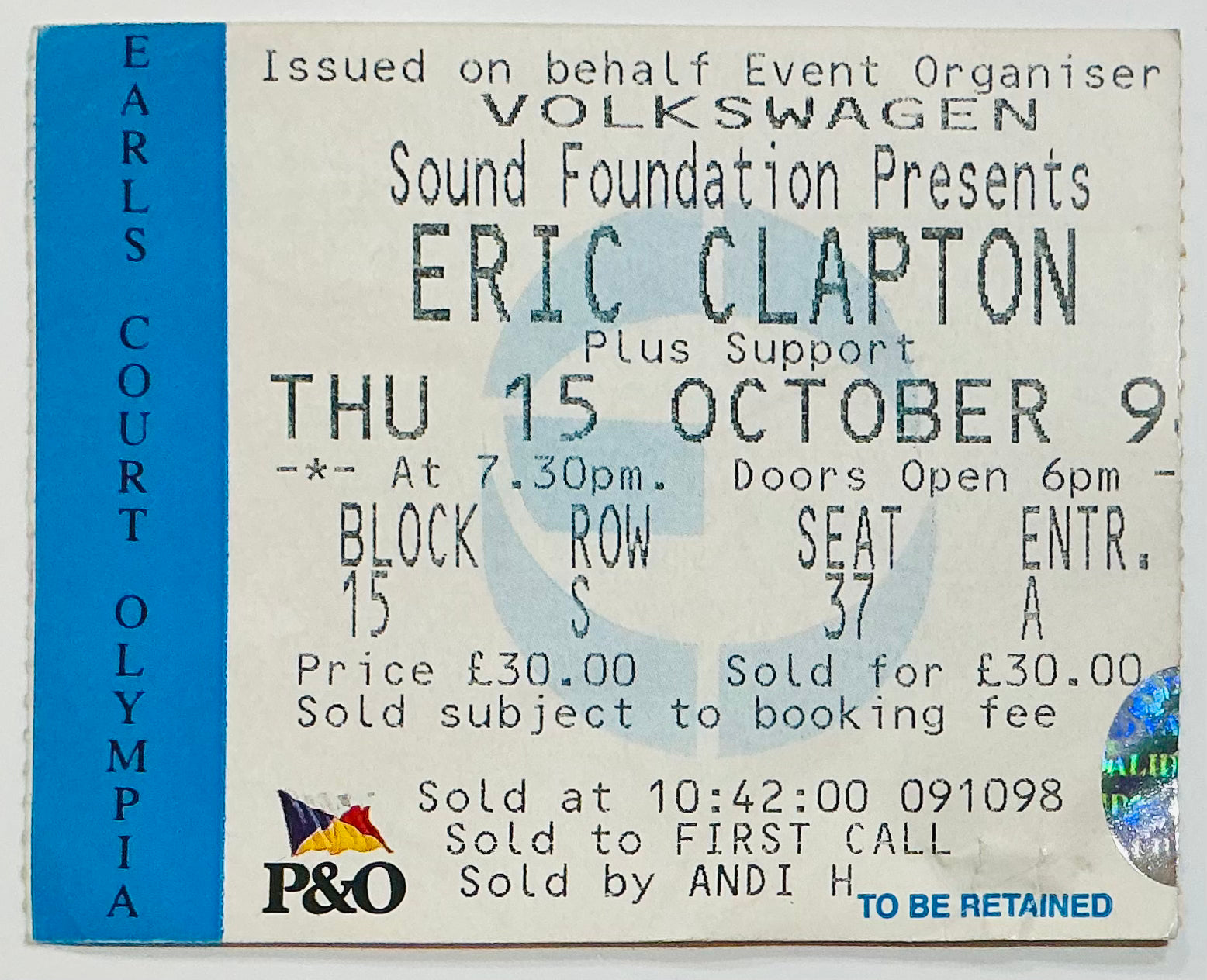 Eric Clapton Original Used Concert Ticket Earls Court London 15th Oct 1998