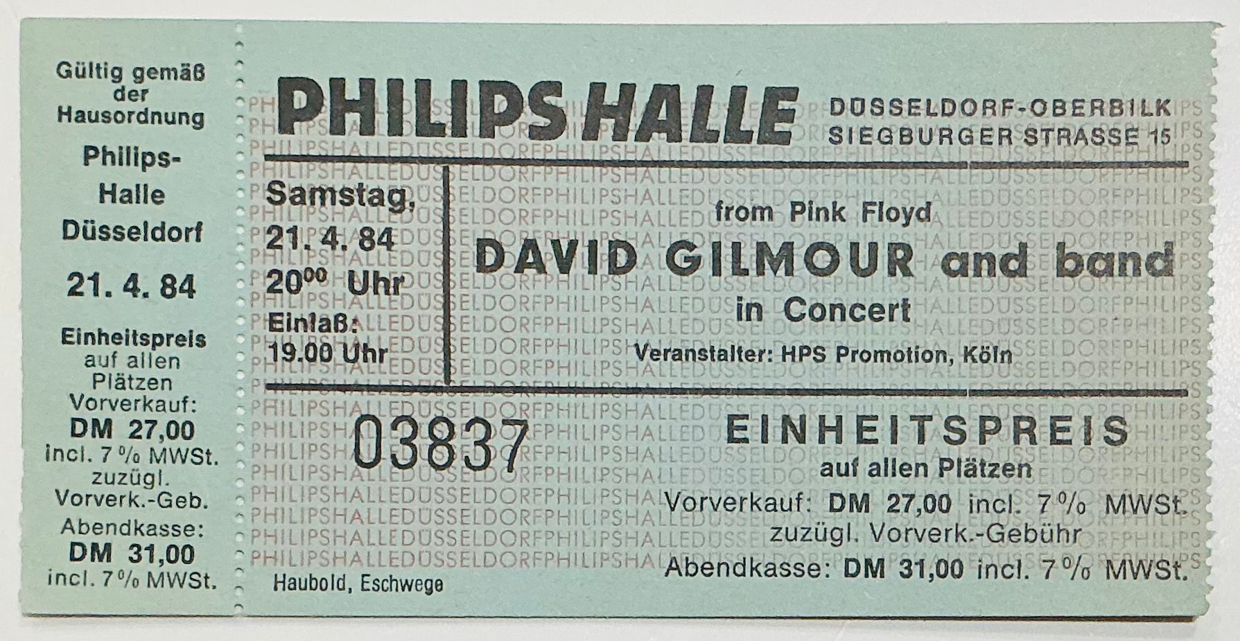 Pink Floyd David Gilmour Original Unused Concert Ticket Philipshalle Dusseldorf 21st Apr 1984