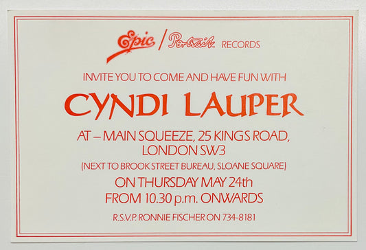 Cyndi Lauper Original After Gig Party Invitation Ticket Main Squeeze London 24th May 1984