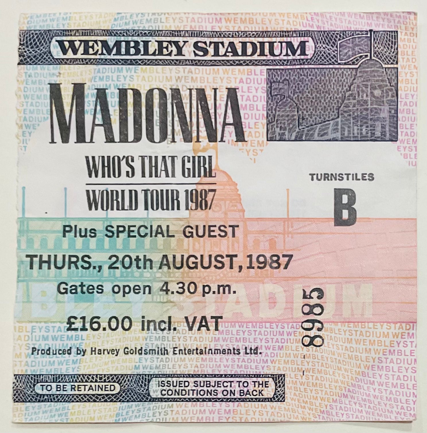 Madonna Original Used Concert Ticket Wembley Stadium London 20th Aug 1987