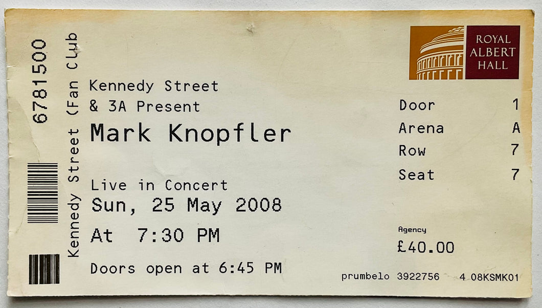 Dire Straits Mark Knopfler Original Used Concert Ticket Royal Albert Hall London 25th May 2008