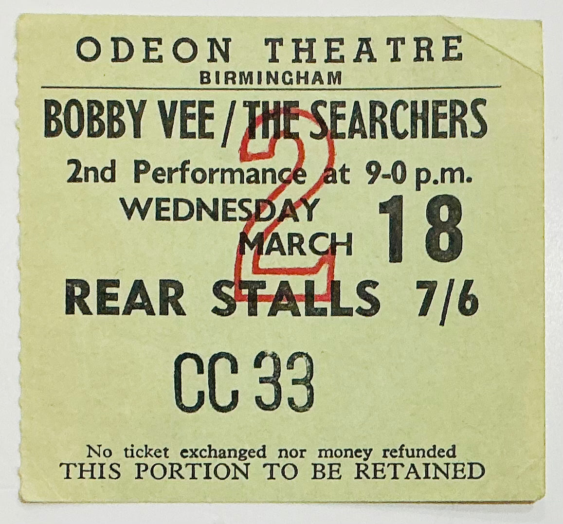 Bobby Vee Searchers Original Used Concert Ticket Odeon Theatre Birmingham 18th Mar 1964