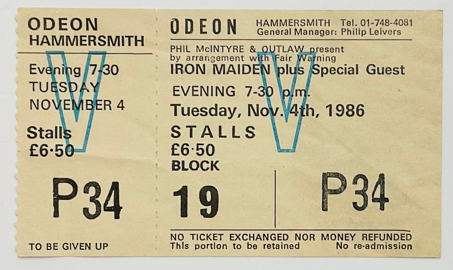 Iron Maiden Original Unused Concert Ticket Hammersmith Odeon London 4th Nov 1986