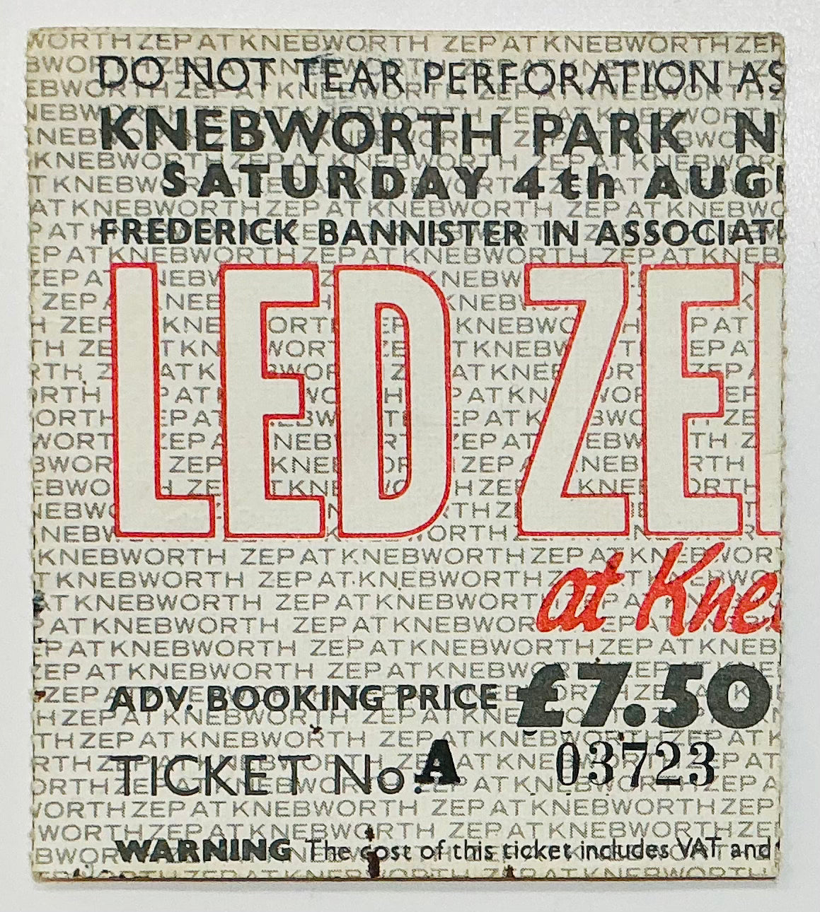 Led Zeppelin Original Used Concert Ticket Knebworth Park Stevenage 4th Aug 1979