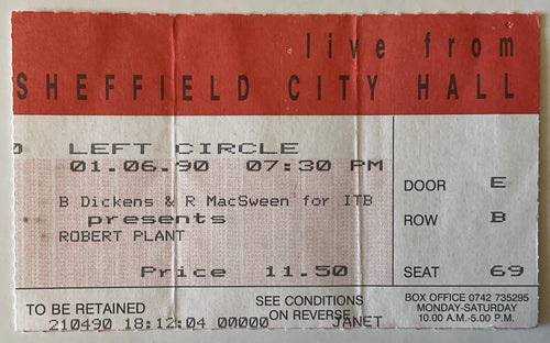 Led Zeppelin Robert Plant Original Used Concert Ticket City Hall Sheffield 1st Jun 1990