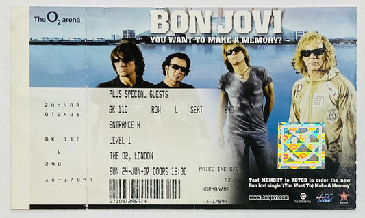 Bon Jovi Original Unused Concert Ticket O2 London 24th Jun 2007