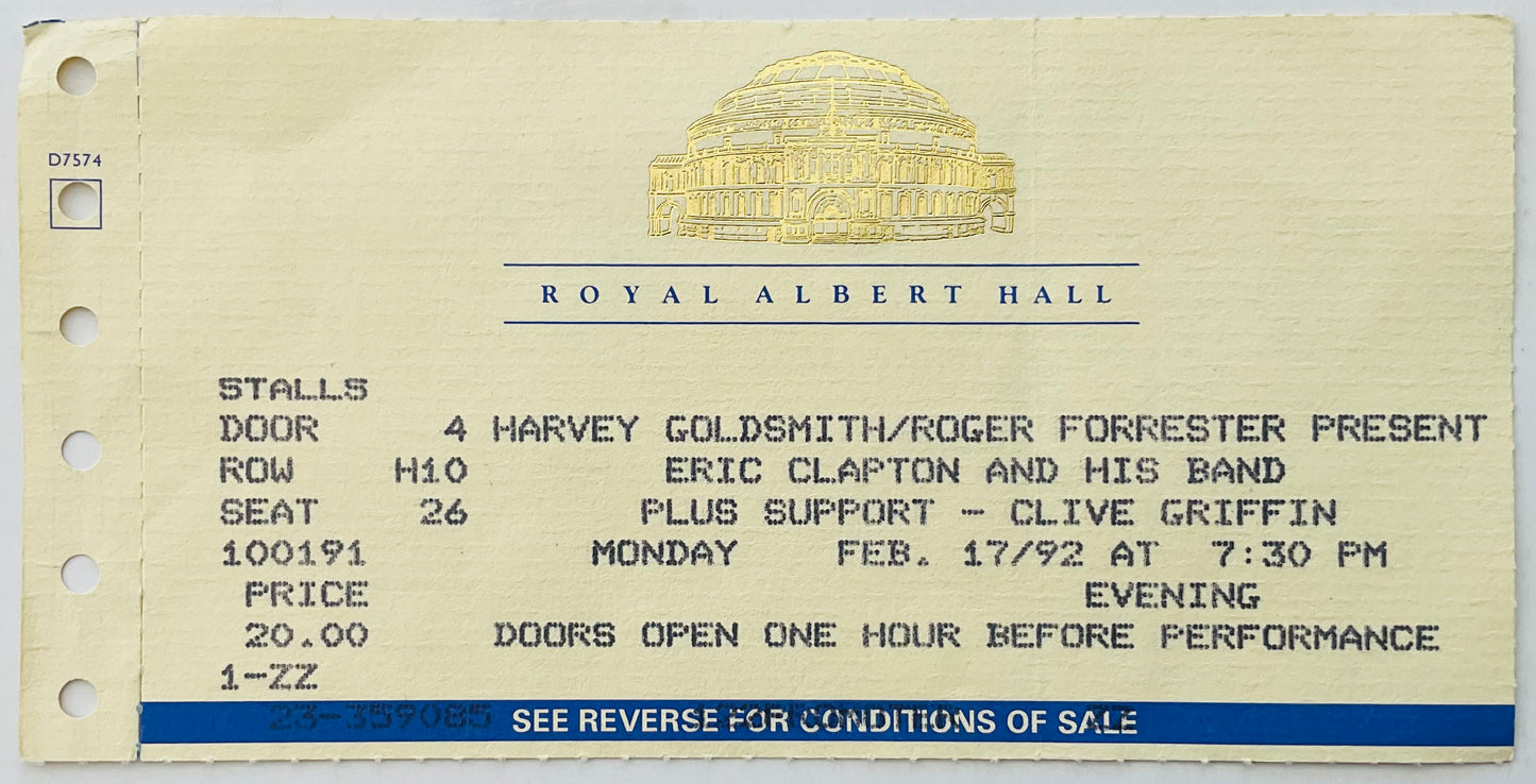 Eric Clapton Original Used Concert Ticket Royal Albert Hall London 17th Feb 1992