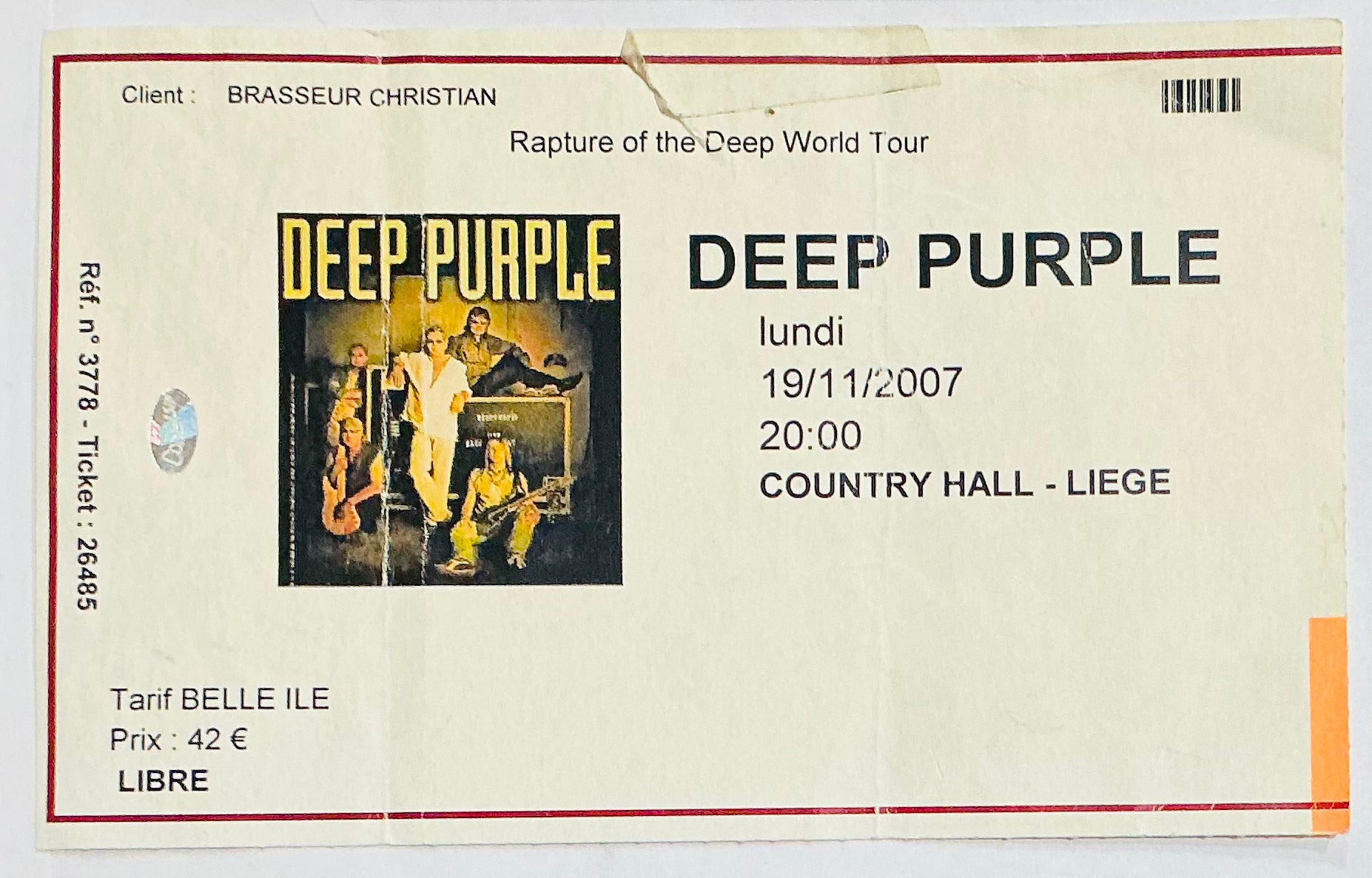 Deep Purple Original Used Concert Ticket Country Hall Liege 19th Nov 2007