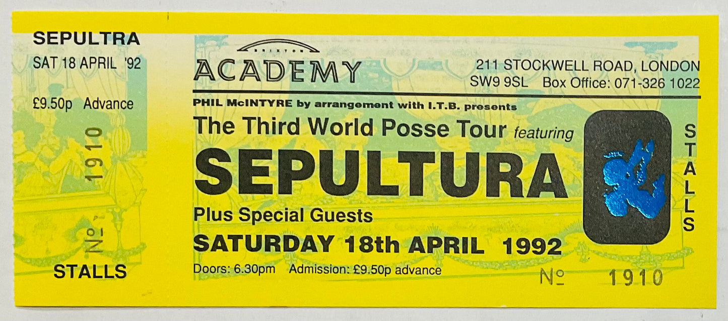 Sepultura Original Unused Concert Ticket Brixton Academy London 18th Apr 1992