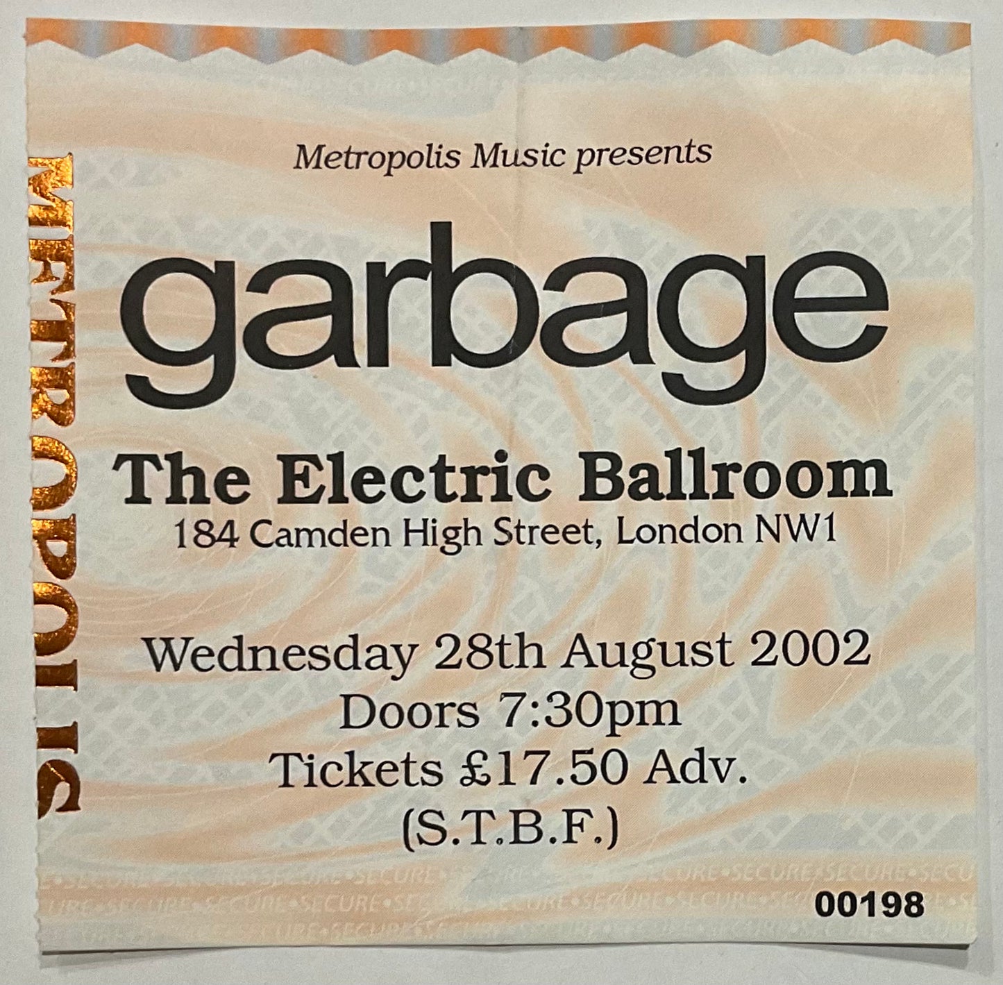 Garbage Original Used Concert Ticket Electric Ballroom London 28th Aug 2002