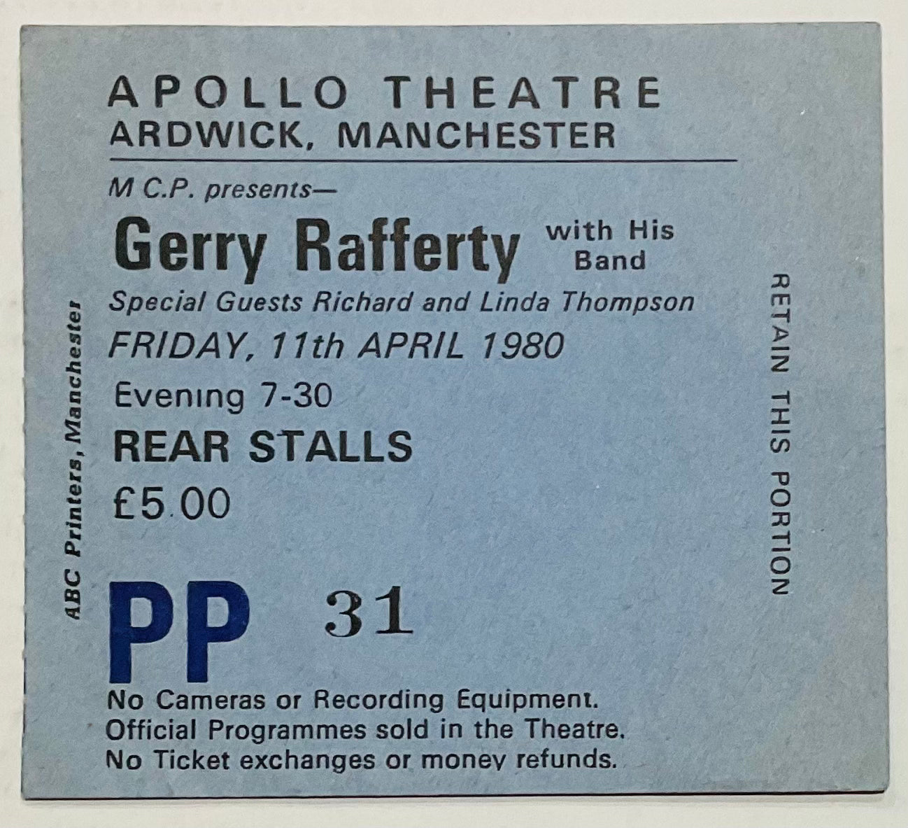 Gerry Rafferty Used Concert Ticket Apollo Theatre Manchester 11th April 1980