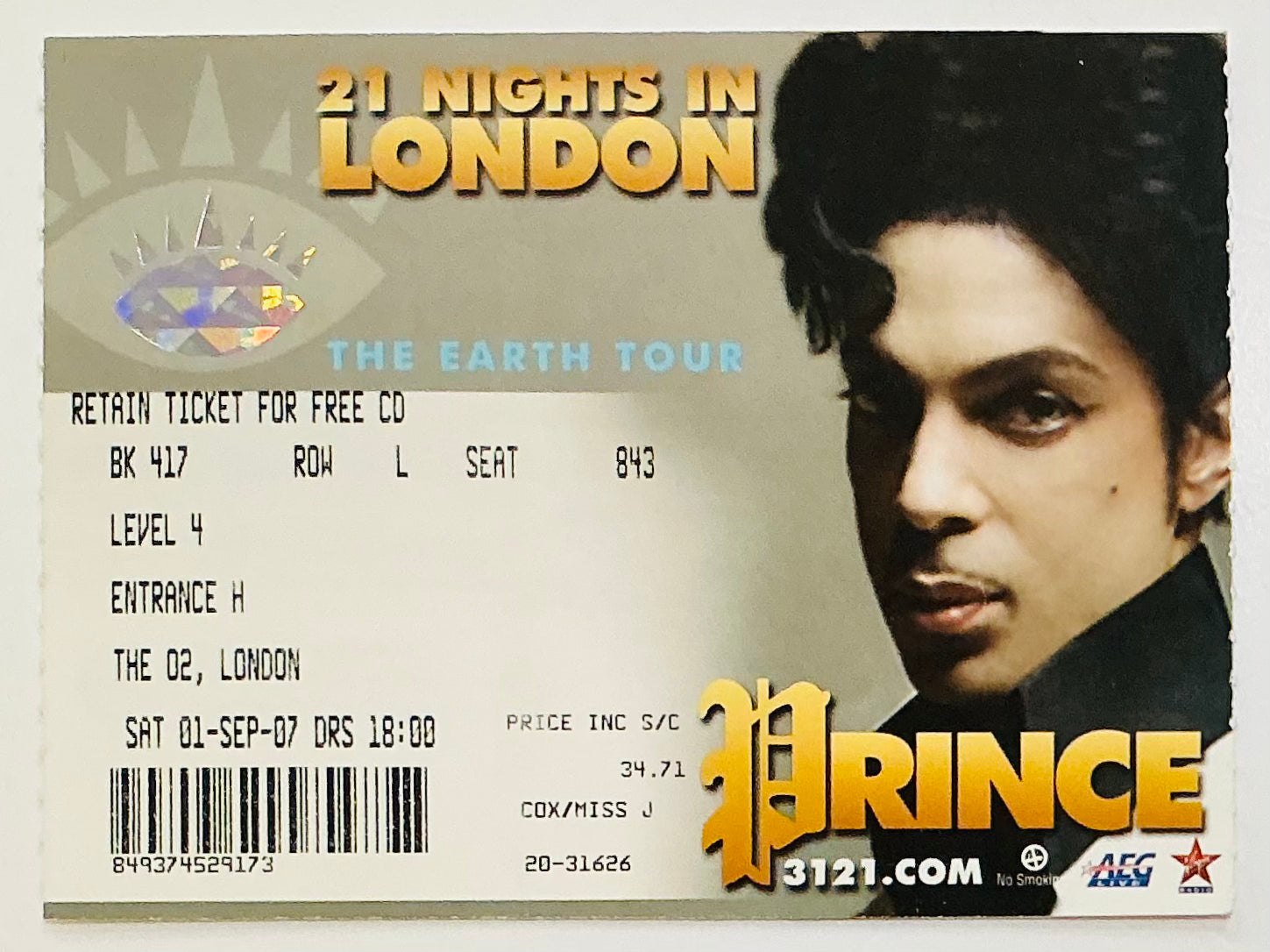 Prince Original Used Concert Ticket O2 Arena London 1st Sep 2007