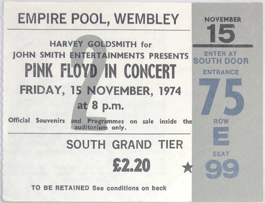 Pink Floyd Original Used Concert Ticket Empire Pool Wembley London 15th Nov 1974