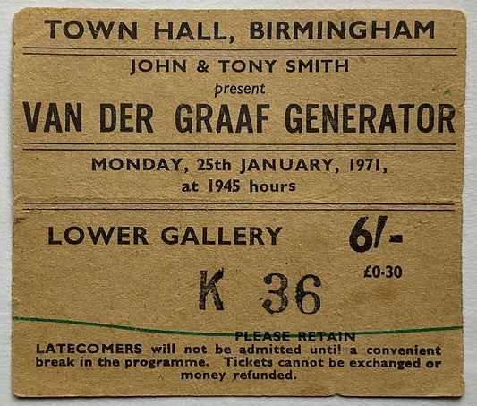 Genesis Van Der Graaf Generator Original Used Concert Ticket Town Hall Birmingham 25th Jan 1971