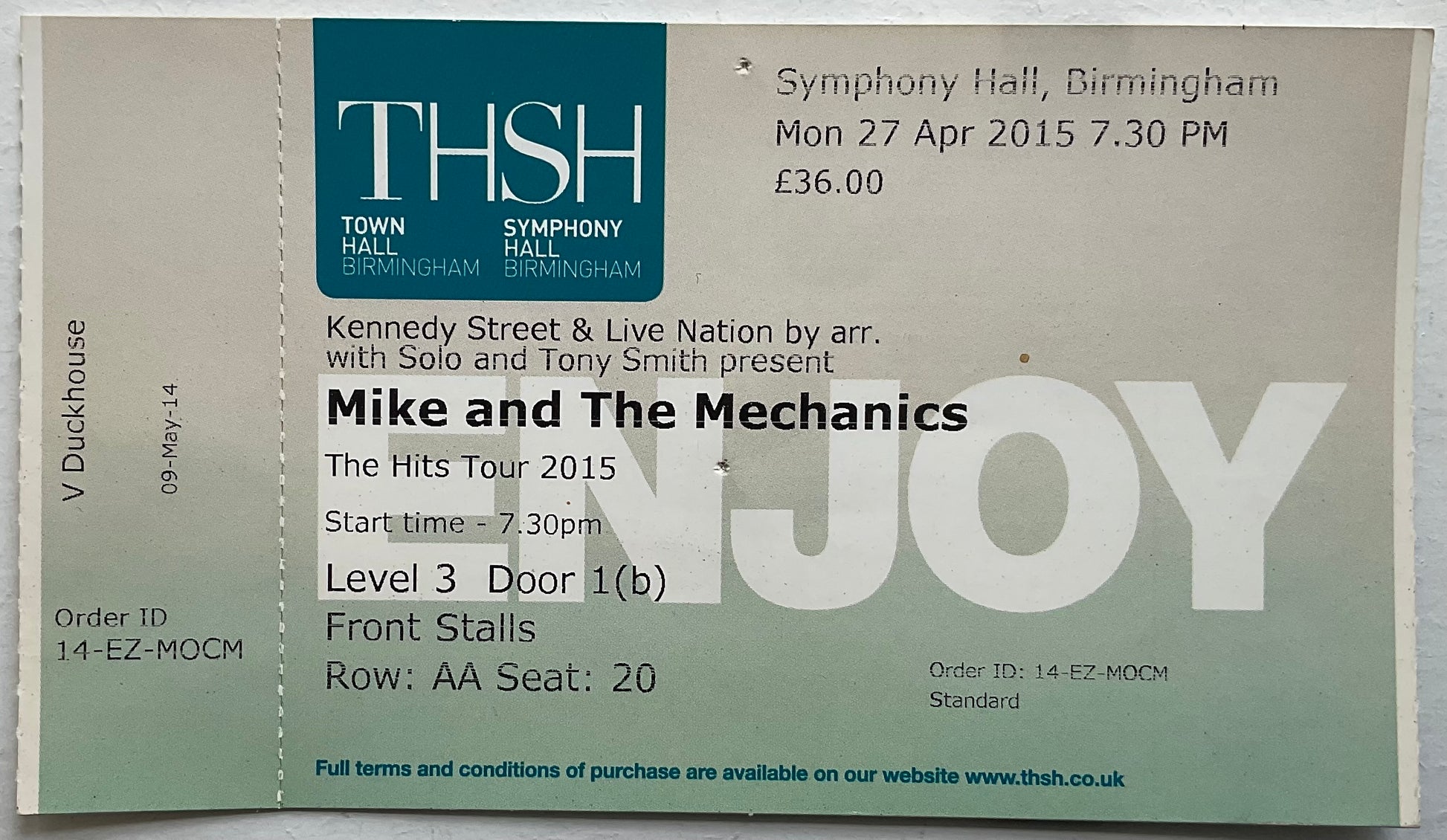 Mike & the Mechanics Original Unused Concert Ticket Symphony Hall Birmingham 27th Apr 2015